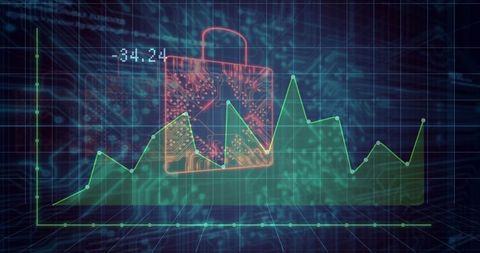 Cybersecurity Illustration with Padlock and Graphs