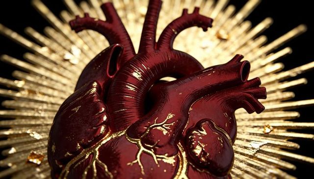 Ornate anatomical heart sculpture gleaming with gilded sunburst backing