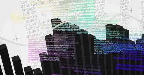 Futuristic data skyline with black prisms and multicolor code overlays showing ERROR lines