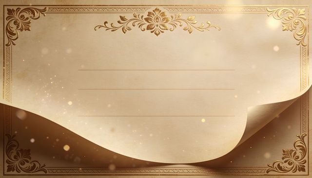 Displaying vintage parchment with gold ornate border and curled corner for certificates