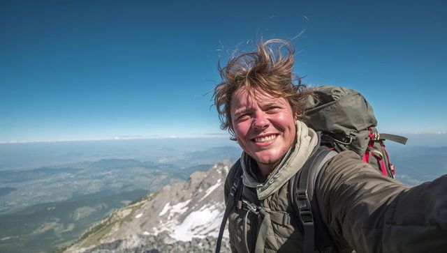 Smiling hiker taking selfie on snowy alpine summit with windblown hair and backpack