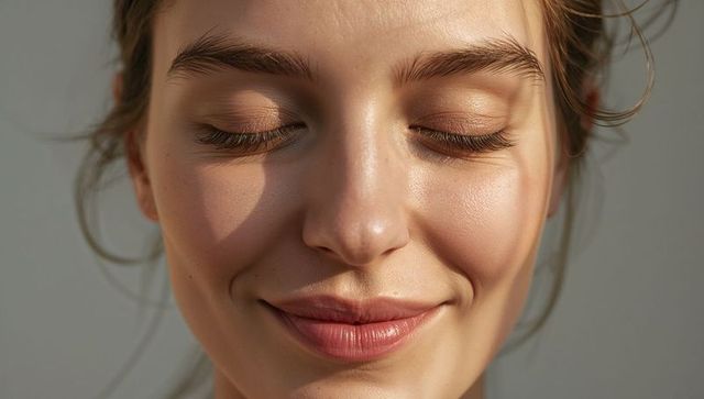 Smiling adult female with closed eyes and dewy glowing skin, serene beauty closeup