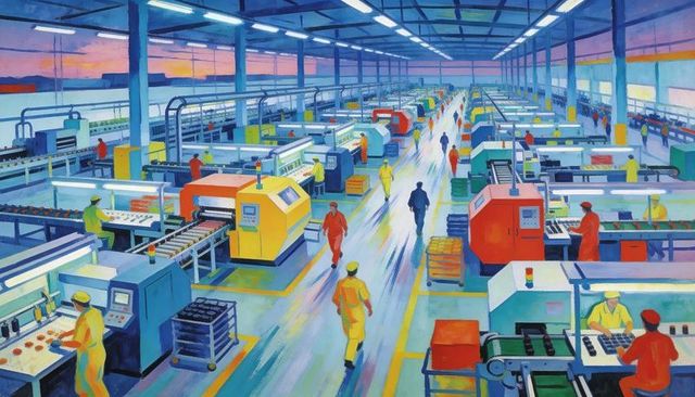 Vibrant Factory Production Line Walking Workers Central Aisle Conveyors Automation