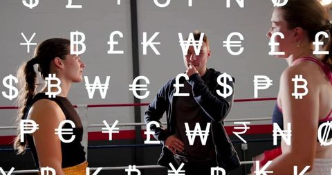 Coach guiding two female boxers in ring with currency overlay representing sports finance