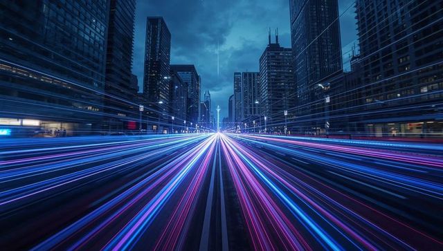 Neon Light Trails in Futuristic Urban City at Night