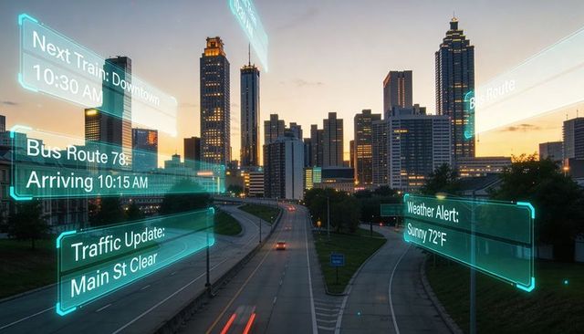 Displaying AR Transit, Traffic and Weather Overlays Over Downtown Highway at Dusk