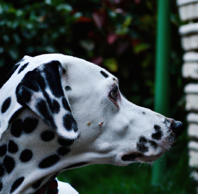A close-up image of a Dalmatian dog taken outdoors. The dog is showing its profile, and the iconic black and white spotted fur is clearly visible. This image can be used for articles about dog breeds, pet care, animal behavior, or promotional material for pet-related products and services.