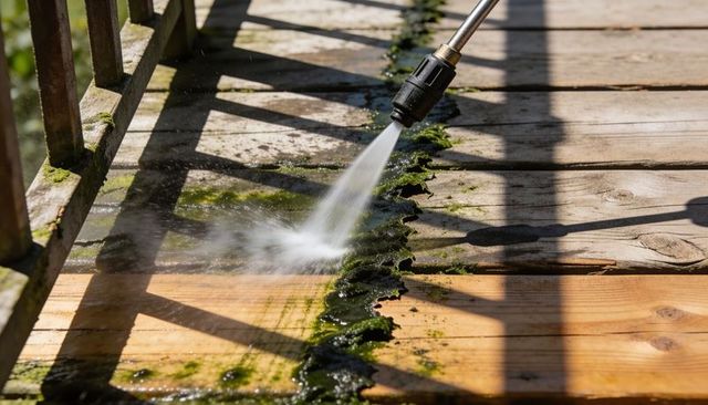 Powerwashing wooden deck removing green algae along railing with high-pressure jet