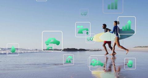 Eco-Conscious Surfers Embrace Nature on Reflective Beach