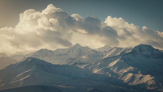Dramatic alpine skyline with snow-capped peaks at dawn