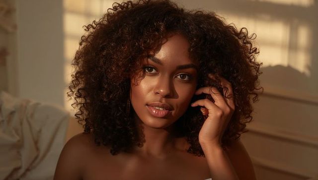 Sunlit black woman touching ear in bedroom portrait with curly hair and golden-hour glow