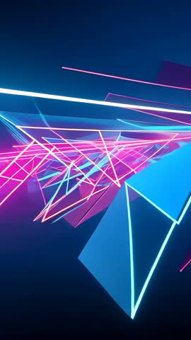 Gliding through neon tunnel with rotating prisms and pulsing rods vertical tech motion loop