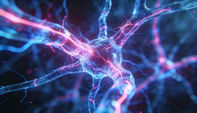 Glowing neuron sending neon pulses along dendrites and axon, neural network visualization
