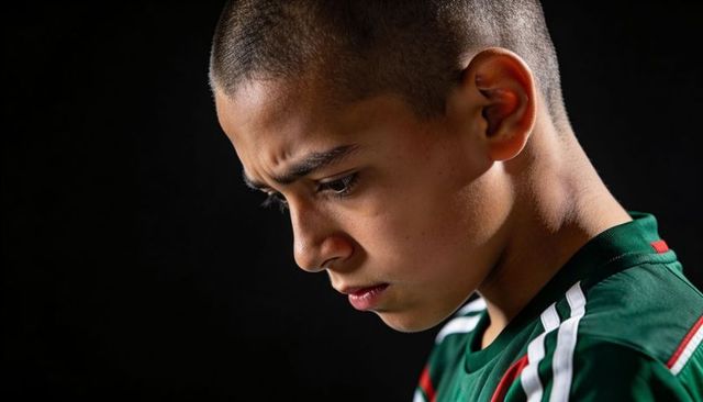 Teen boy furrowing brow in dramatic rembrandt-lit portrait, green striped jersey, close-up