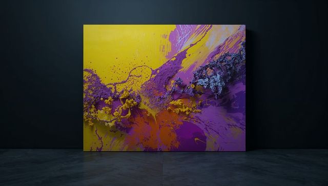 Vibrant abstract impasto painting with yellow and purple palette