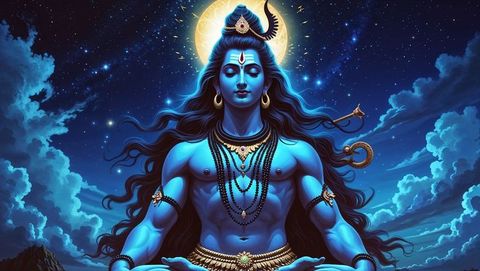 Cosmic Blue Deity Meditating under Starlit Sky on Rocky Mountaintop