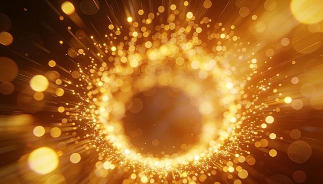Radiating golden bokeh halo ring with glowing sparkling particles and warm amber light burst