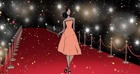 Fashion illustration of model walking red carpet with glamorous lights