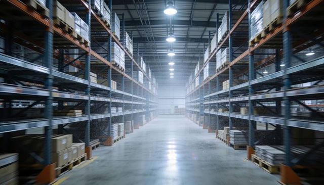 Symmetrical warehouse aisle stretching to vanishing point with pallet racking and boxes stacking on