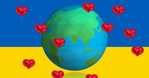 World Globe with Heart Balloons over Ukraine Flag Illustration