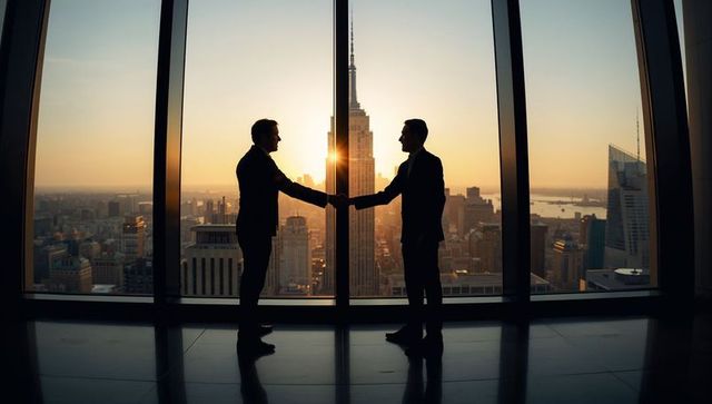Businessmen shaking hands in high-rise office with empire state building sunset skyline