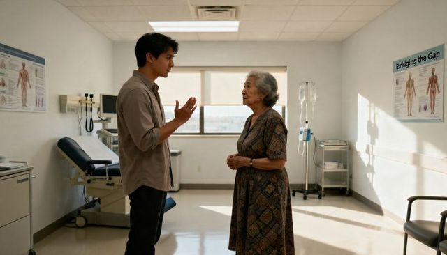 Adult son discussing health with elderly mother during clinic consultation