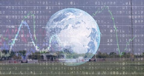 Image shows a modern representation of a translucent 3D Earth with financial data overlays. Binary code and graphs symbolize the integration of technology and globalization, enhancing themes like tech innovation and global finance. Ideal for promoting ideas of digital transformation in the aviation industry, it's perfect for use in tech conferences, finance reports, or digital marketing materials.