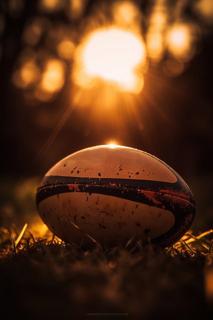 Depicts rugby ball resting on grass, lit by warm sunset. Suitable for articles on rugby, sports motivation, outdoor activities, and sunset photography.