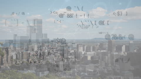 Digital Network and Technology Symbols Over Metropolitan Cityscape