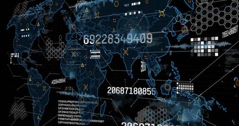 Futuristic Digital World Map Interface with Cybersecurity Elements