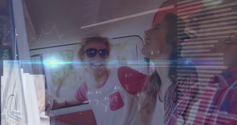 Digital Data Overlay on Smiling Friends in Car