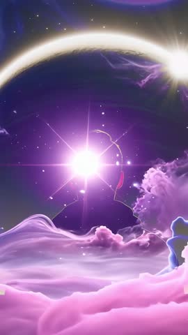 Vertical Cosmic Awakening: Starburst Igniting Violet Nebula with Glowing Planetary Arc