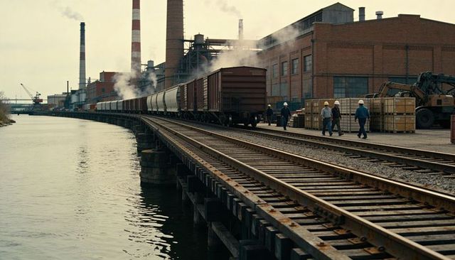 Riverside freight rail curving on trestle with industrial workers and cargo crates