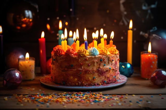 Colorful Birthday Cake with Burning Candles and Decorations - Download Free Stock Images Pikwizard.com