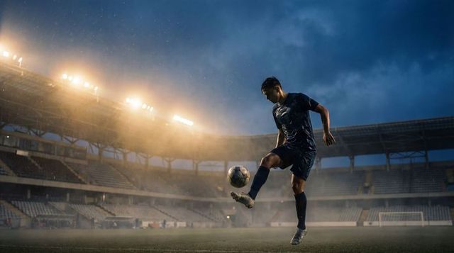 Soccer player balancing ball on foot under stadium floodlights during rainy night training
