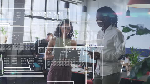 Diverse Colleagues Collaborating Amid Financial Data Overlay