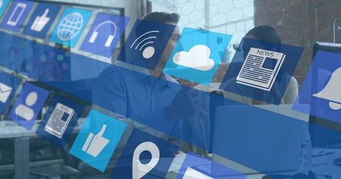 Colleagues Brainstorming Digital Strategy with Social Media Interface