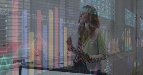Woman Using Tablet with Digital Charts at Office Desk