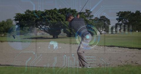 Golfer swinging with digital interface overlay focusing on precision and technology