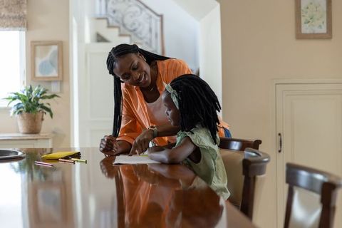 African american mother helping daughter with homework at kitchen table, drawing and learning