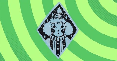 Whimsical cartoon character in tritone diamond frame