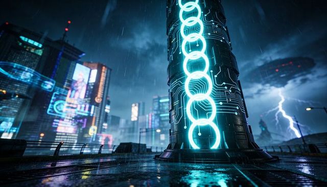Pulsing cyan-ringed tech tower glowing on wet cyberpunk rooftop reflecting lightning