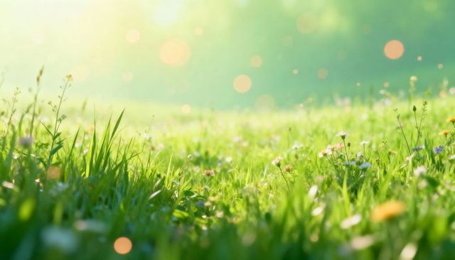 Sunlit meadow with swaying grass and wildflowers catching golden morning bokeh