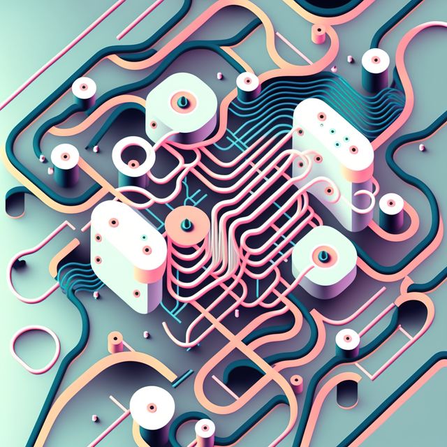 Image of computer circuit board and pink blue light trails on light green background. Computing and data processing concept created using generative ai technology.