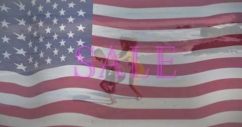 Patriotic Sale Summer Adventure on Beach with Surfing Couple