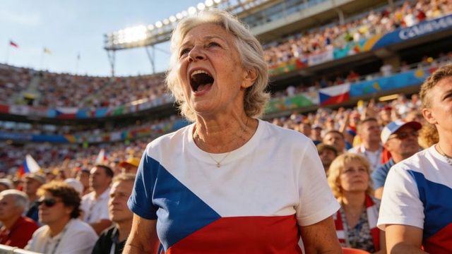 Senior woman cheering passionately at stadium wearing czech flag shirt during match