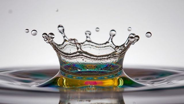 Iridescent crown splash forming in macro showing colorful prismatic water droplets
