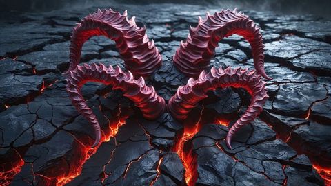Fiery demonic twisted horns emerge from cracking volcanic plain