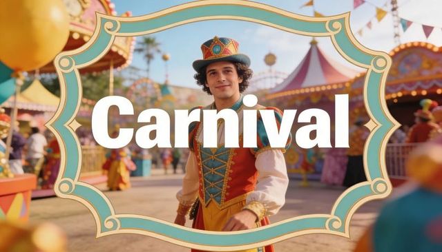 Carnival performer walking through colorful fairground in teal and gold period costume