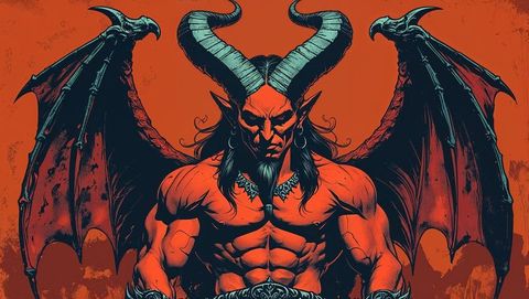 Graphic illustration of powerful satan with horns and wings